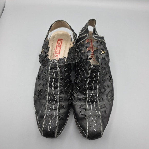 Pikolinos Romana Shoes Womens 38 Black Leather Slingback Sandal Wedge Heel Woven - Picture 11 of 14